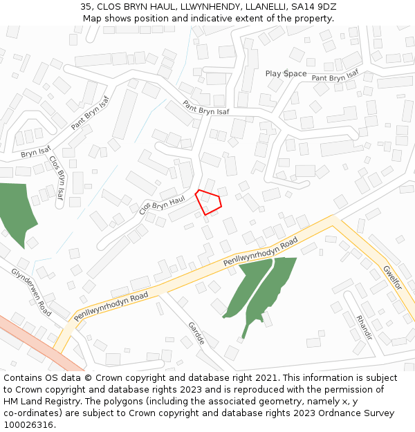 35, CLOS BRYN HAUL, LLWYNHENDY, LLANELLI, SA14 9DZ: Location map and indicative extent of plot