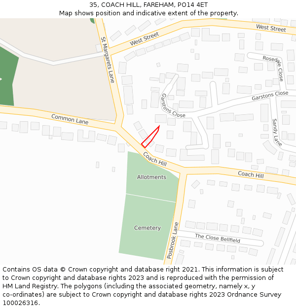 35, COACH HILL, FAREHAM, PO14 4ET: Location map and indicative extent of plot