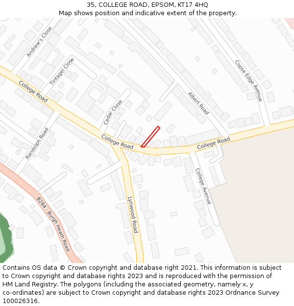 35, COLLEGE ROAD, EPSOM, KT17 4HQ: Location map and indicative extent of plot