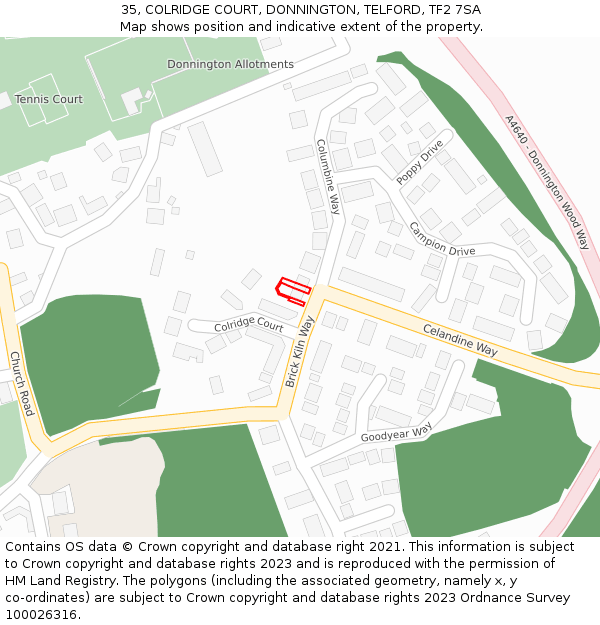 35, COLRIDGE COURT, DONNINGTON, TELFORD, TF2 7SA: Location map and indicative extent of plot