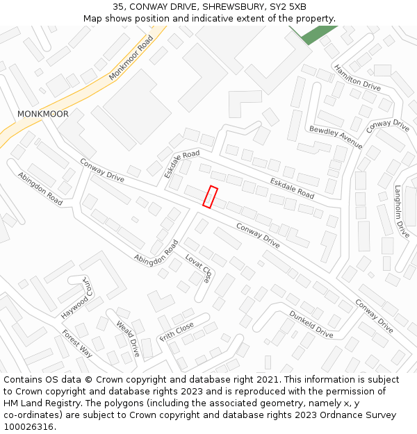 35, CONWAY DRIVE, SHREWSBURY, SY2 5XB: Location map and indicative extent of plot