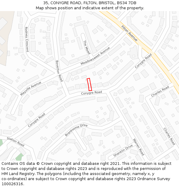 35, CONYGRE ROAD, FILTON, BRISTOL, BS34 7DB: Location map and indicative extent of plot