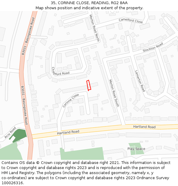 35, CORINNE CLOSE, READING, RG2 8AA: Location map and indicative extent of plot