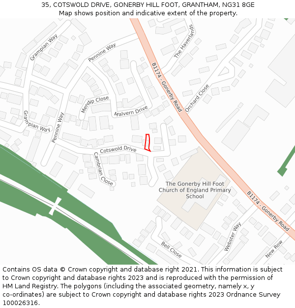 35, COTSWOLD DRIVE, GONERBY HILL FOOT, GRANTHAM, NG31 8GE: Location map and indicative extent of plot