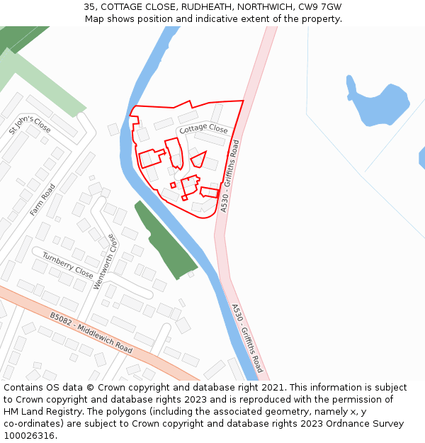 35, COTTAGE CLOSE, RUDHEATH, NORTHWICH, CW9 7GW: Location map and indicative extent of plot