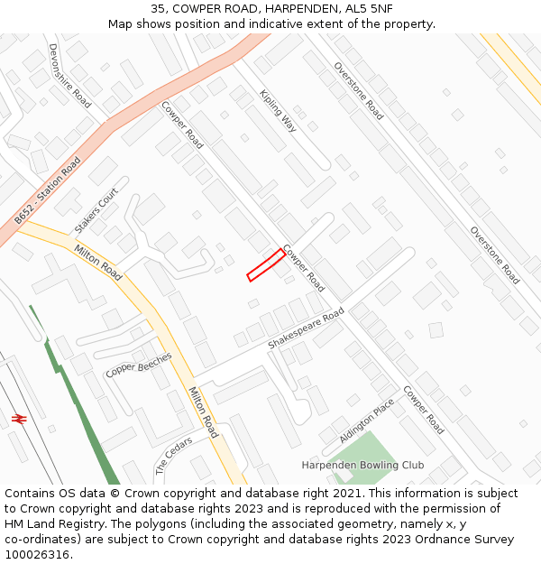 35, COWPER ROAD, HARPENDEN, AL5 5NF: Location map and indicative extent of plot