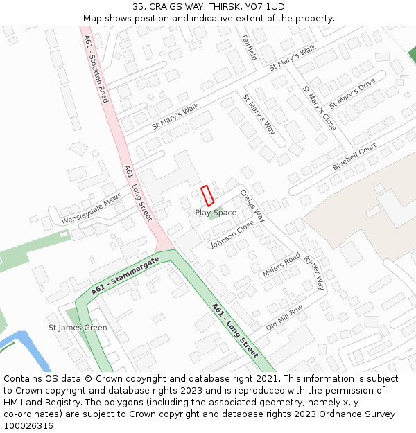 35, CRAIGS WAY, THIRSK, YO7 1UD: Location map and indicative extent of plot