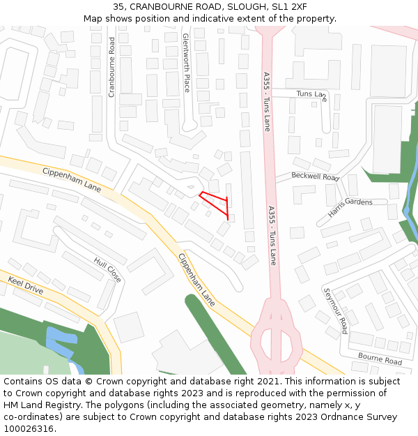 35, CRANBOURNE ROAD, SLOUGH, SL1 2XF: Location map and indicative extent of plot