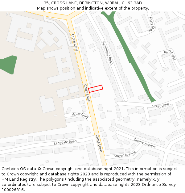 35, CROSS LANE, BEBINGTON, WIRRAL, CH63 3AD: Location map and indicative extent of plot