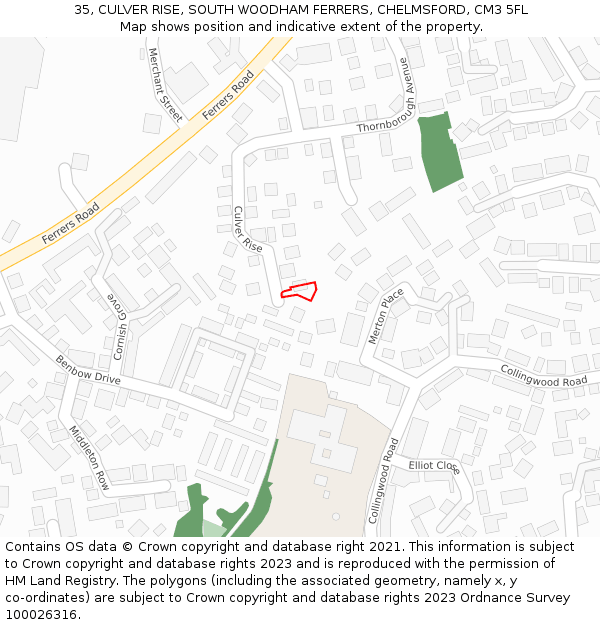 35, CULVER RISE, SOUTH WOODHAM FERRERS, CHELMSFORD, CM3 5FL: Location map and indicative extent of plot