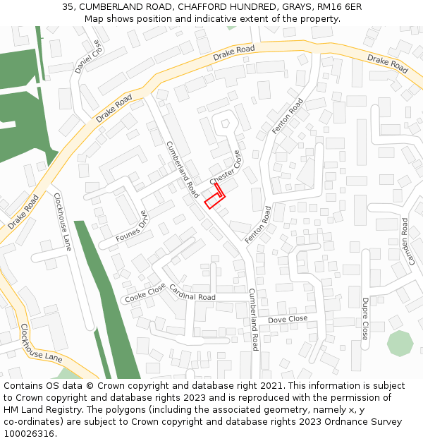 35, CUMBERLAND ROAD, CHAFFORD HUNDRED, GRAYS, RM16 6ER: Location map and indicative extent of plot