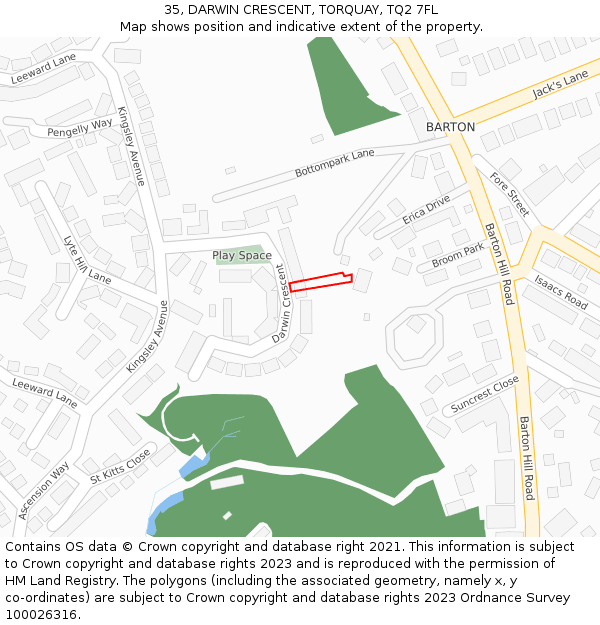 35, DARWIN CRESCENT, TORQUAY, TQ2 7FL: Location map and indicative extent of plot