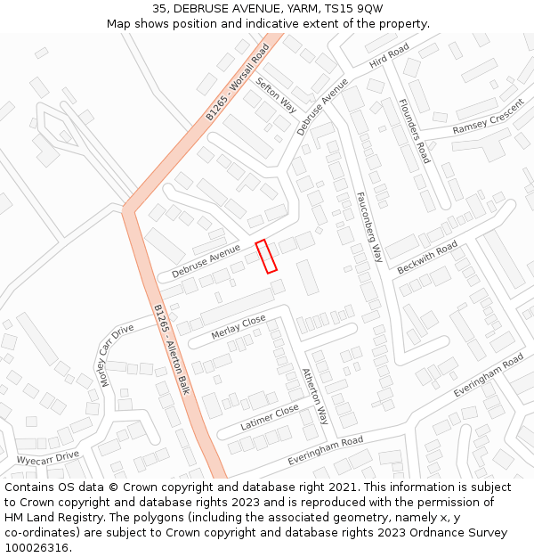 35, DEBRUSE AVENUE, YARM, TS15 9QW: Location map and indicative extent of plot