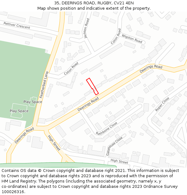 35, DEERINGS ROAD, RUGBY, CV21 4EN: Location map and indicative extent of plot