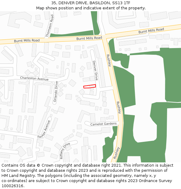 35, DENVER DRIVE, BASILDON, SS13 1TF: Location map and indicative extent of plot