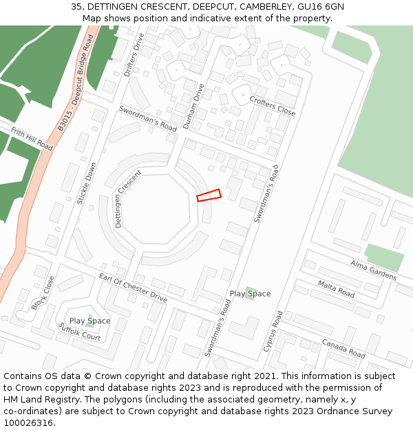 35, DETTINGEN CRESCENT, DEEPCUT, CAMBERLEY, GU16 6GN: Location map and indicative extent of plot