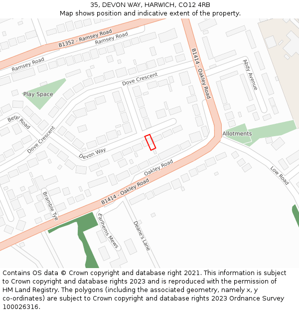 35, DEVON WAY, HARWICH, CO12 4RB: Location map and indicative extent of plot