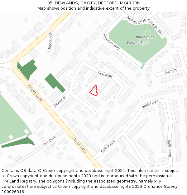 35, DEWLANDS, OAKLEY, BEDFORD, MK43 7RN: Location map and indicative extent of plot