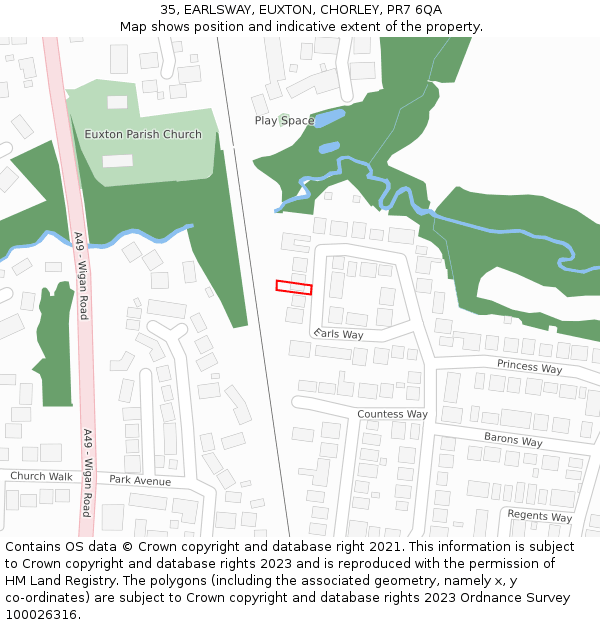 35, EARLSWAY, EUXTON, CHORLEY, PR7 6QA: Location map and indicative extent of plot