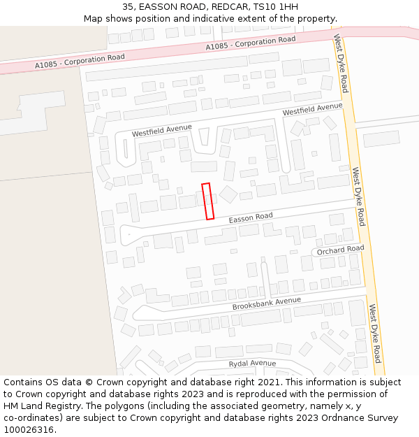 35, EASSON ROAD, REDCAR, TS10 1HH: Location map and indicative extent of plot