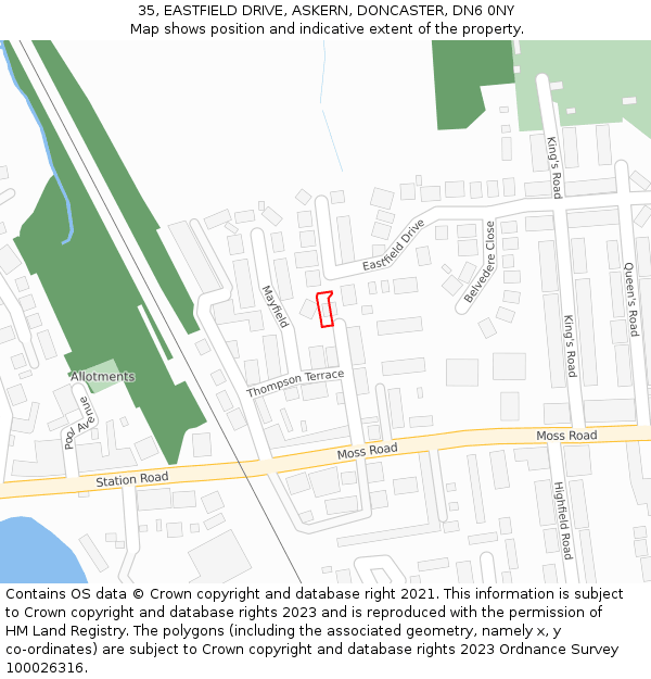 35, EASTFIELD DRIVE, ASKERN, DONCASTER, DN6 0NY: Location map and indicative extent of plot