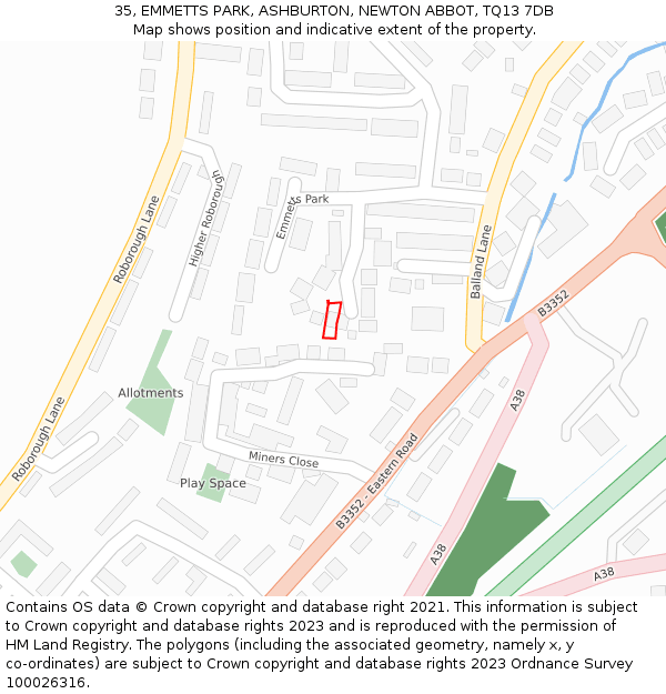 35, EMMETTS PARK, ASHBURTON, NEWTON ABBOT, TQ13 7DB: Location map and indicative extent of plot