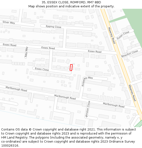 35, ESSEX CLOSE, ROMFORD, RM7 8BD: Location map and indicative extent of plot