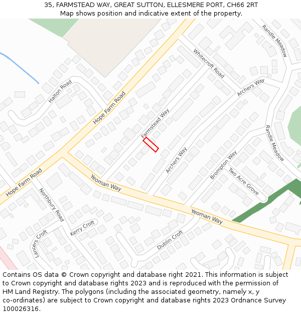 35, FARMSTEAD WAY, GREAT SUTTON, ELLESMERE PORT, CH66 2RT: Location map and indicative extent of plot