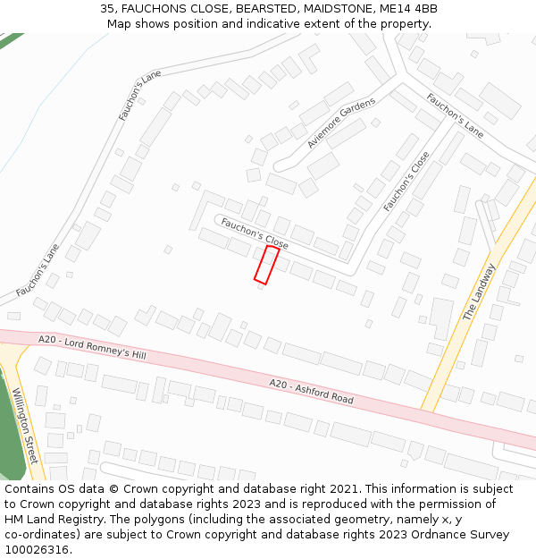 35, FAUCHONS CLOSE, BEARSTED, MAIDSTONE, ME14 4BB: Location map and indicative extent of plot