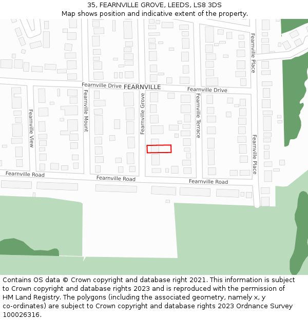 35, FEARNVILLE GROVE, LEEDS, LS8 3DS: Location map and indicative extent of plot