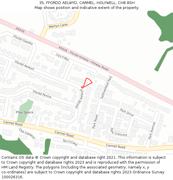 35, FFORDD AELWYD, CARMEL, HOLYWELL, CH8 8SH: Location map and indicative extent of plot