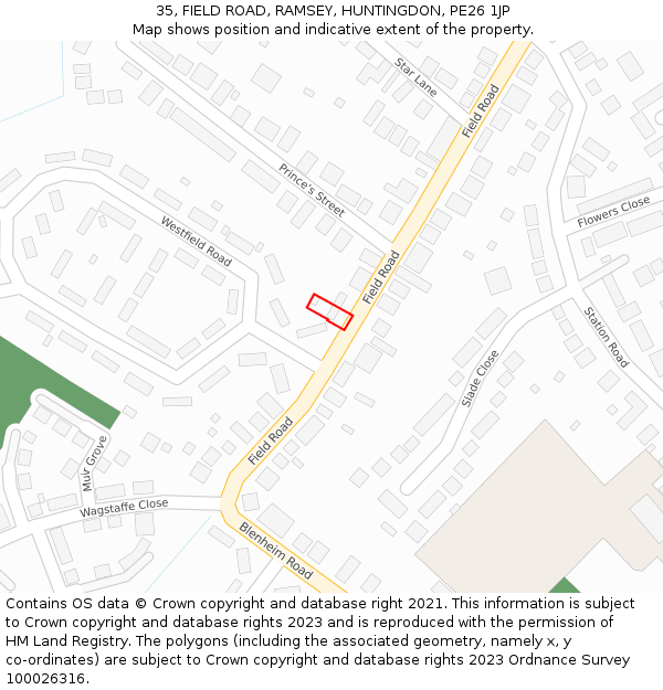 35, FIELD ROAD, RAMSEY, HUNTINGDON, PE26 1JP: Location map and indicative extent of plot