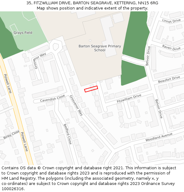 35, FITZWILLIAM DRIVE, BARTON SEAGRAVE, KETTERING, NN15 6RG: Location map and indicative extent of plot