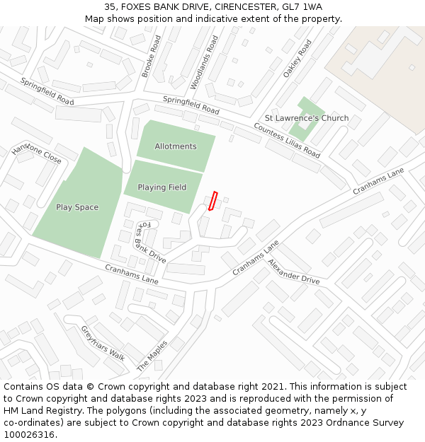 35, FOXES BANK DRIVE, CIRENCESTER, GL7 1WA: Location map and indicative extent of plot