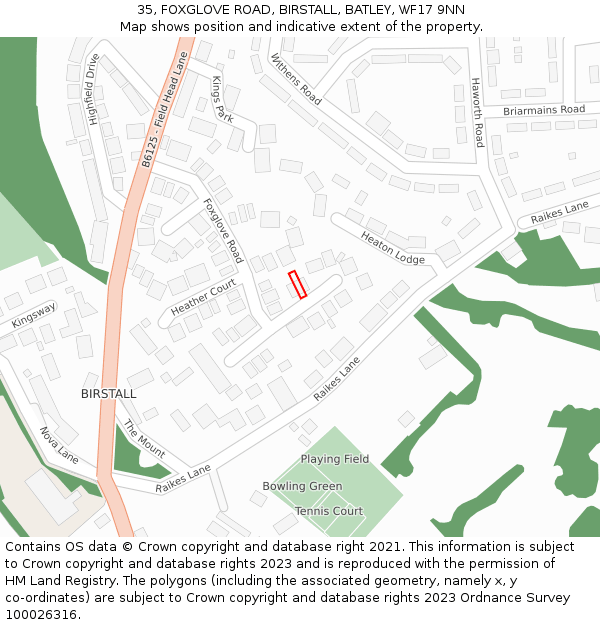 35, FOXGLOVE ROAD, BIRSTALL, BATLEY, WF17 9NN: Location map and indicative extent of plot