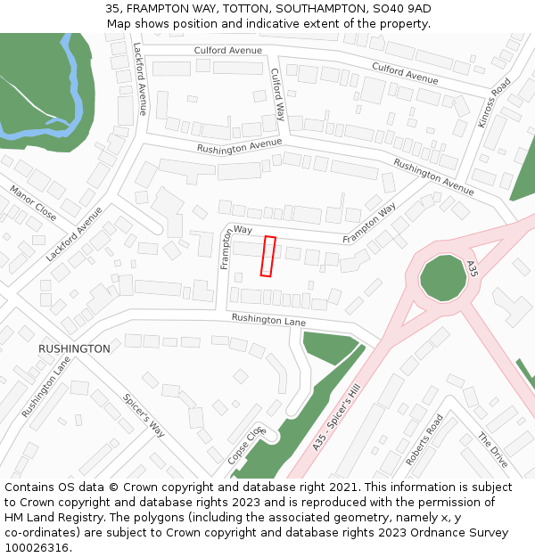 35, FRAMPTON WAY, TOTTON, SOUTHAMPTON, SO40 9AD: Location map and indicative extent of plot