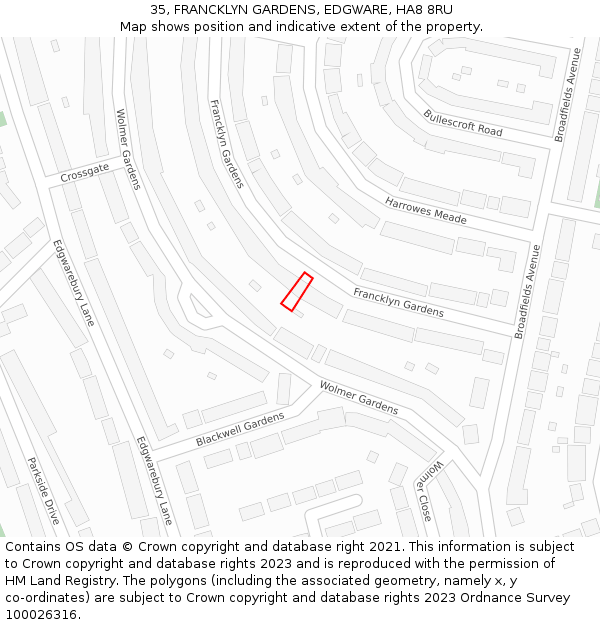 35, FRANCKLYN GARDENS, EDGWARE, HA8 8RU: Location map and indicative extent of plot