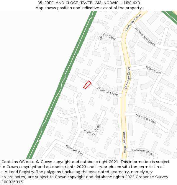 35, FREELAND CLOSE, TAVERHAM, NORWICH, NR8 6XR: Location map and indicative extent of plot