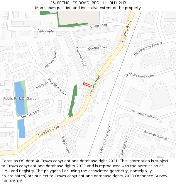 35, FRENCHES ROAD, REDHILL, RH1 2HR: Location map and indicative extent of plot