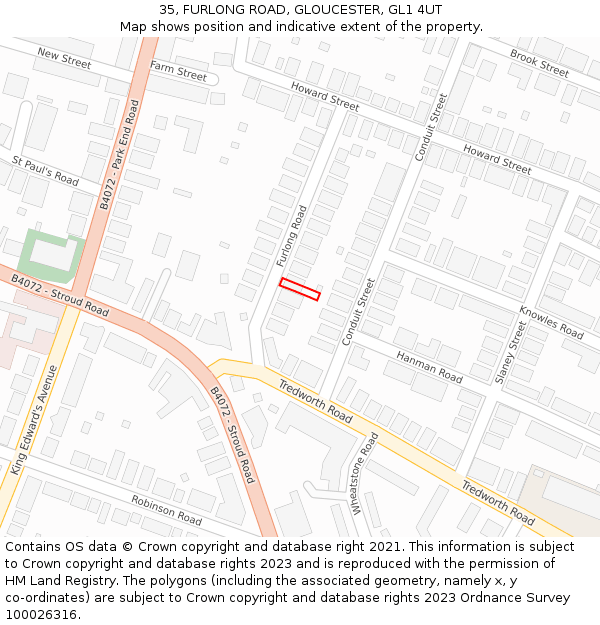 35, FURLONG ROAD, GLOUCESTER, GL1 4UT: Location map and indicative extent of plot