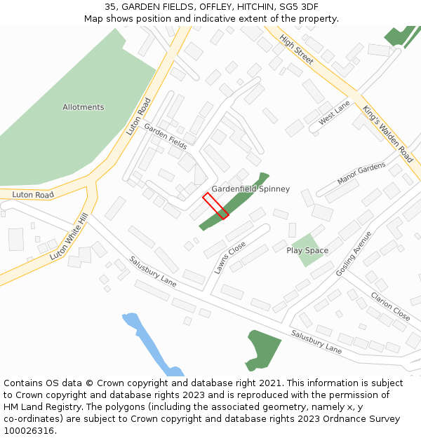 35, GARDEN FIELDS, OFFLEY, HITCHIN, SG5 3DF: Location map and indicative extent of plot