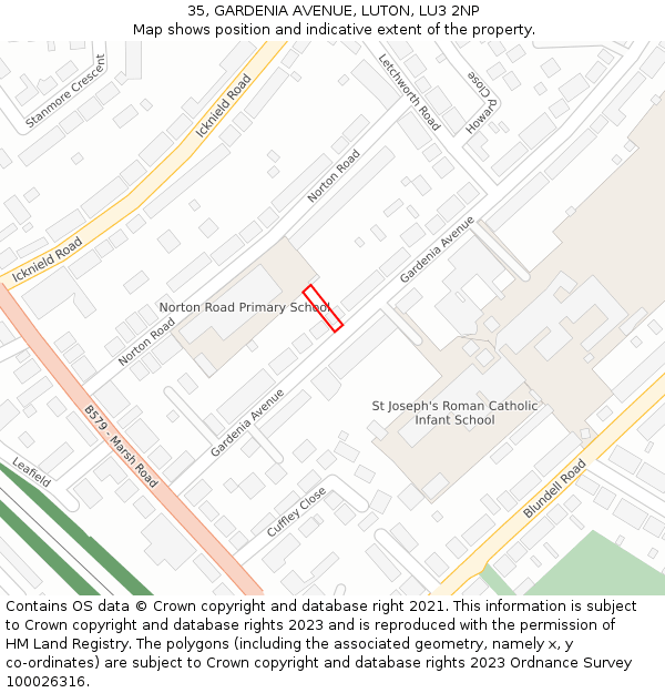 35, GARDENIA AVENUE, LUTON, LU3 2NP: Location map and indicative extent of plot