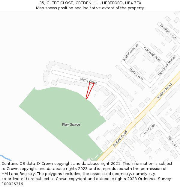 35, GLEBE CLOSE, CREDENHILL, HEREFORD, HR4 7EX: Location map and indicative extent of plot