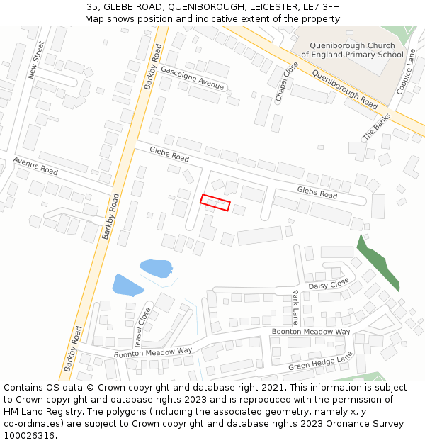 35, GLEBE ROAD, QUENIBOROUGH, LEICESTER, LE7 3FH: Location map and indicative extent of plot