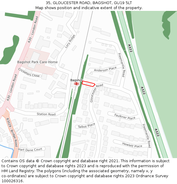 35, GLOUCESTER ROAD, BAGSHOT, GU19 5LT: Location map and indicative extent of plot