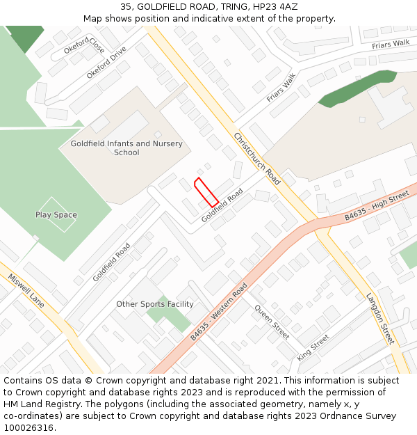 35, GOLDFIELD ROAD, TRING, HP23 4AZ: Location map and indicative extent of plot