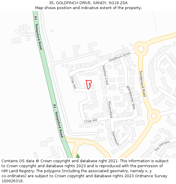 35, GOLDFINCH DRIVE, SANDY, SG19 2SA: Location map and indicative extent of plot