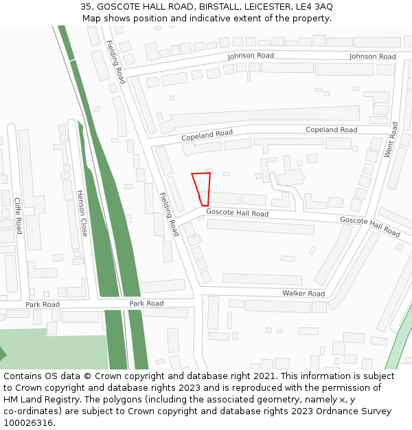 35, GOSCOTE HALL ROAD, BIRSTALL, LEICESTER, LE4 3AQ: Location map and indicative extent of plot