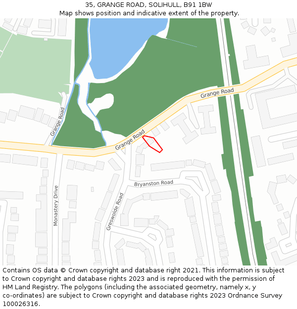 35, GRANGE ROAD, SOLIHULL, B91 1BW: Location map and indicative extent of plot