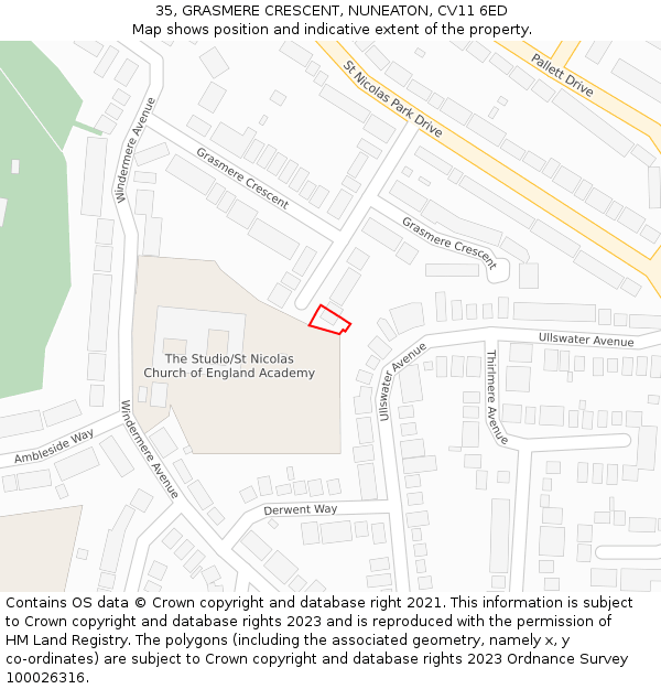 35, GRASMERE CRESCENT, NUNEATON, CV11 6ED: Location map and indicative extent of plot